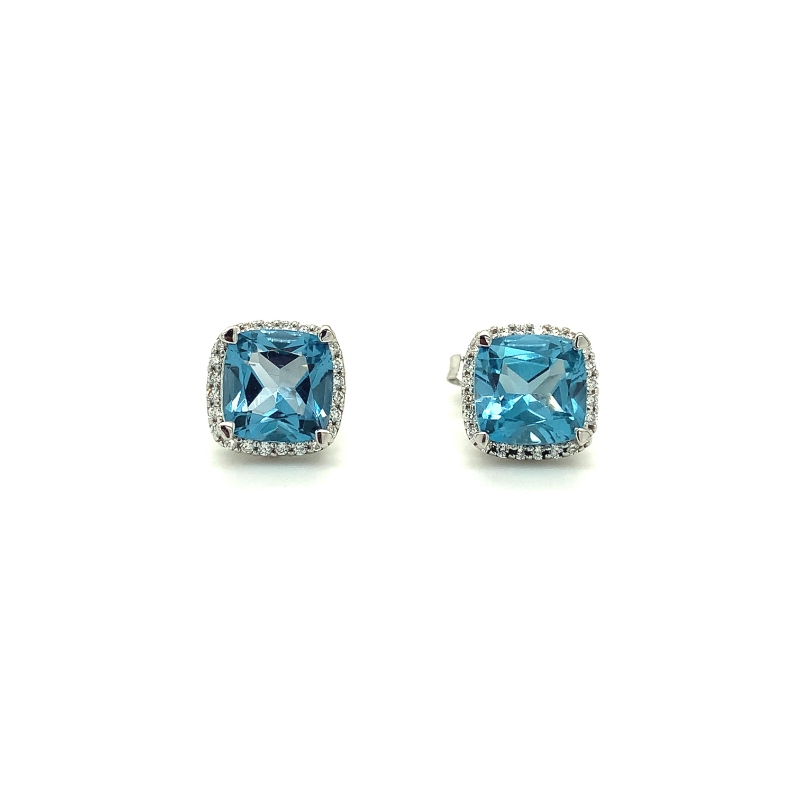Lisa Nik 18k white gold rhodium plated Rocks cushion blue topaz stud earrings with diamonds, 8mm blue topaz with diamonds weighing 0.30 carat total weight