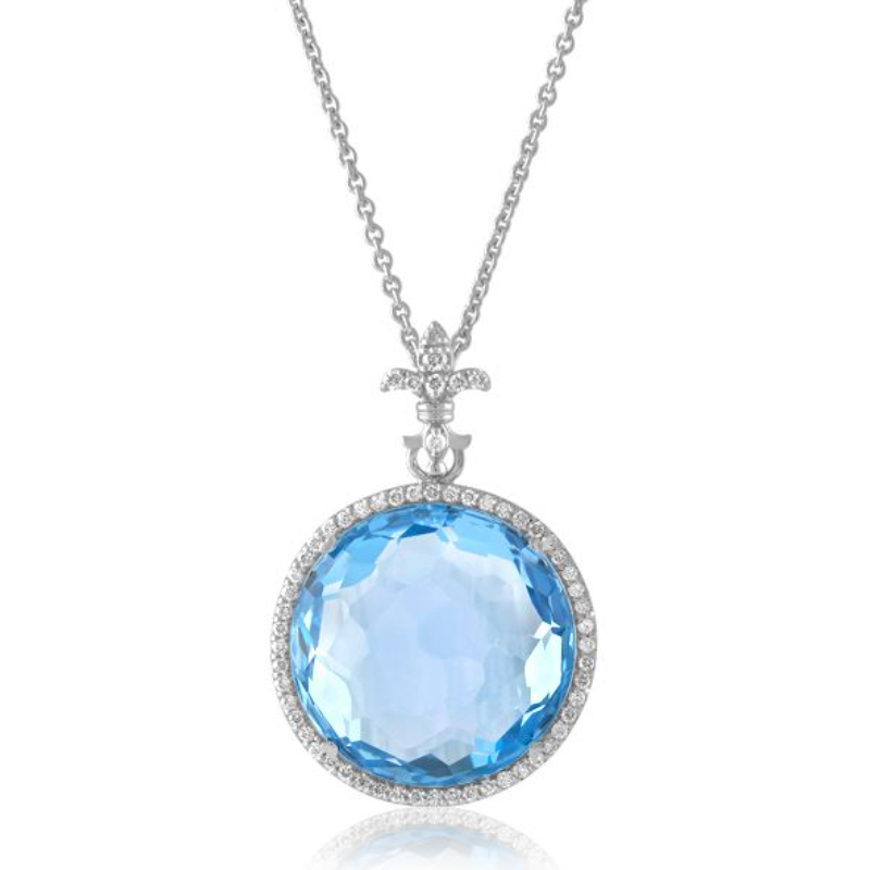 Lisa Nik 18k white gold rhodium plated Rocks 20mm round blue topaz necklace with diamonds weighing 0.47 carat total weight and fleur de lis bail