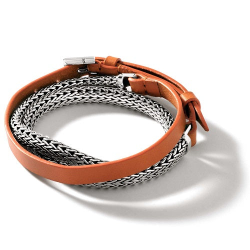 Sterling Silver Classic Chain Small Flat Triple Wrap Bracelet On Orange Leather