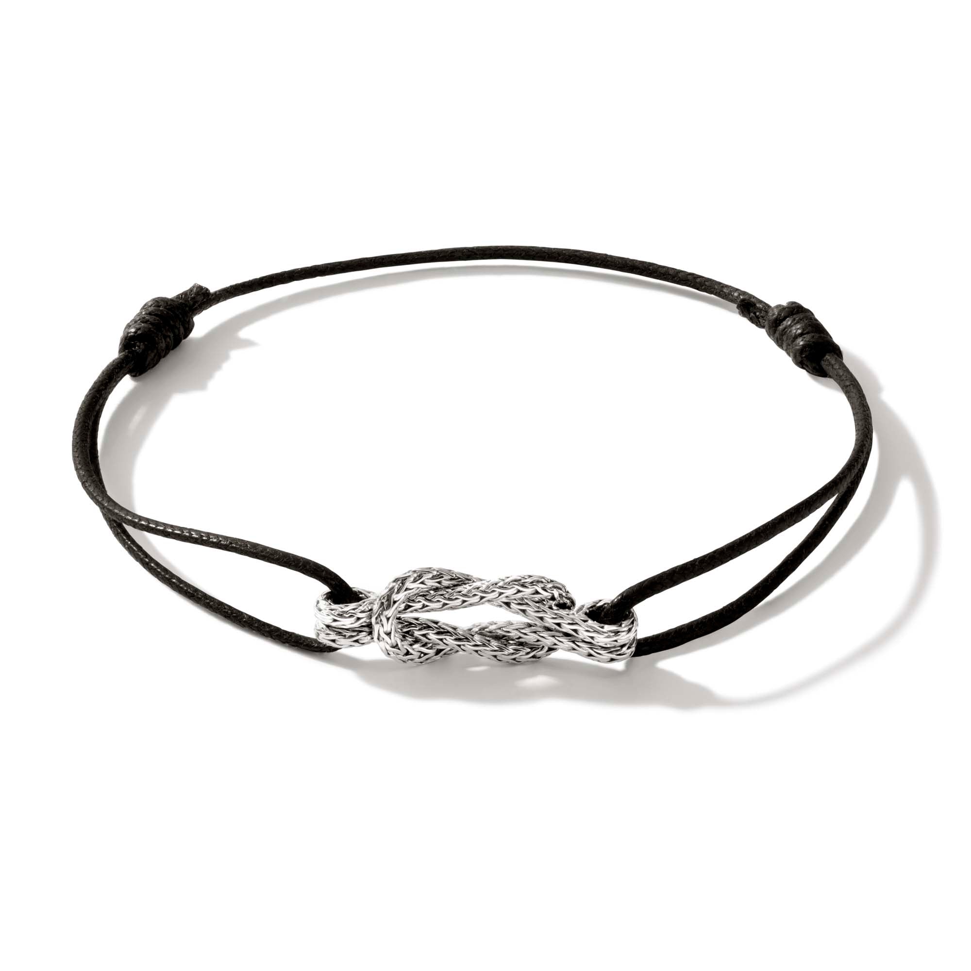 Sterling Silver Classic Chain Love Knot Black Cotton Cord Bracelet