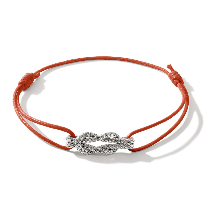 Sterling Silver Classic Chain Love Knot Orange Cotton Cord Bracelet