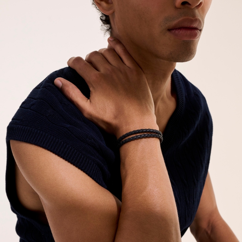 Men's Double Row Black Leather Bracelet