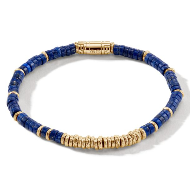 14K Yellow Gold Classic Chain Heishi Lapis Lazuli Bead Bracelet