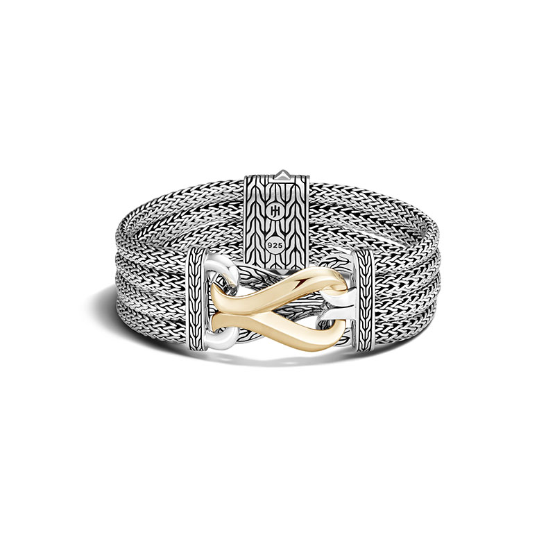John Hardy sterling silver and 18k yellow gold Asli Classic Chain link multi row bracelet, 20mm bracelet with pusher clasp, size M