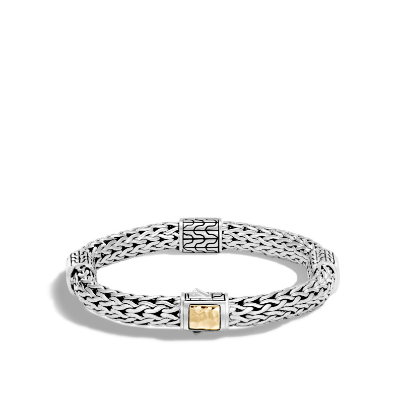 Classic Chain 7.5mm Station Bracelet in Silver and Hammered 18K Gold (M)