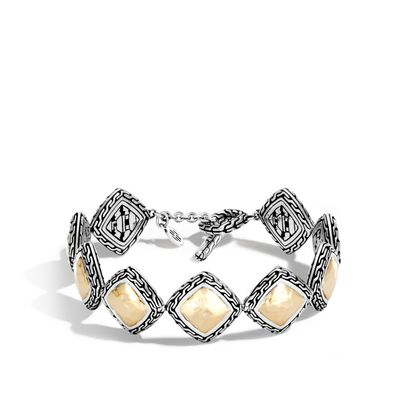Classic Chain Hammered Gold & Silver Heritage Quadrangle Bracelet with Toggle Clasp, Size M BG