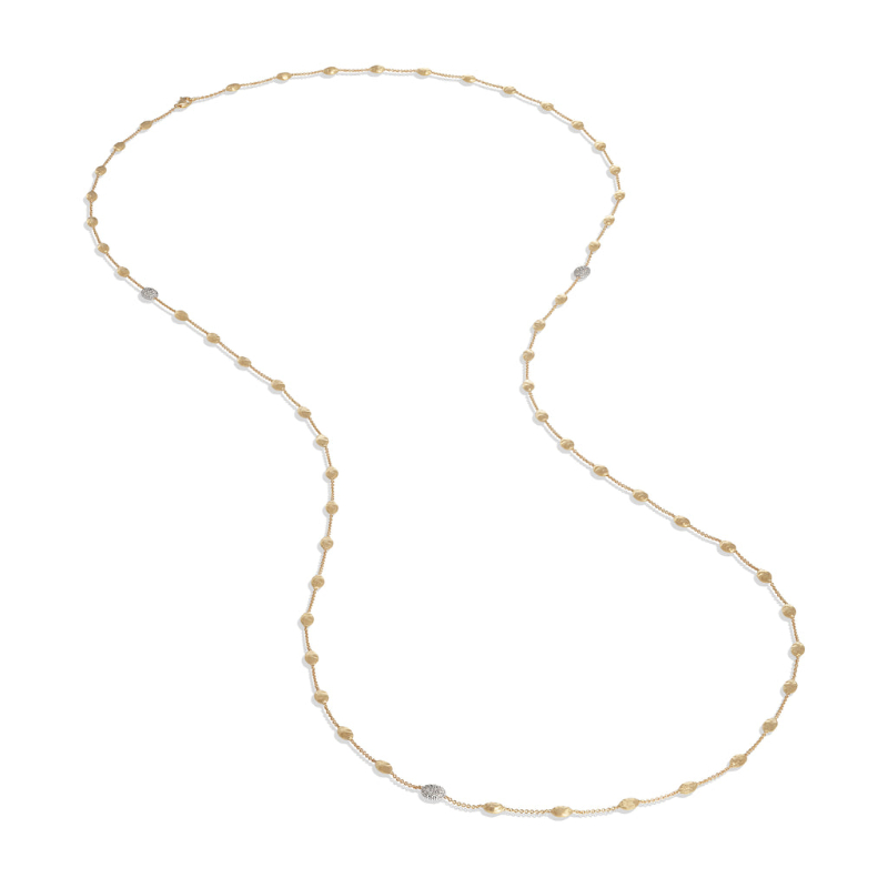 Marco Bicego 18k yellow gold Siviglia engraved bead station necklace with diamond stations weighing 0.60 carat total weight, 49.25"