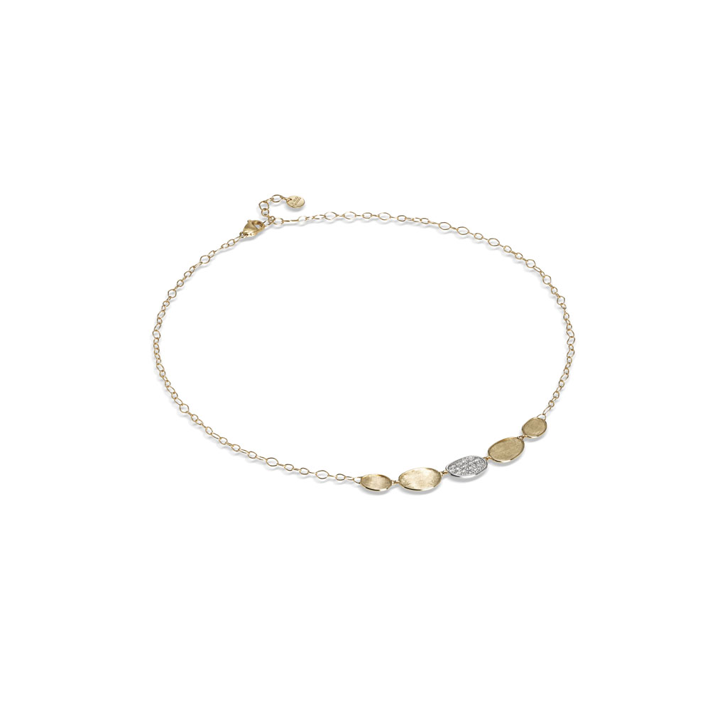 Marco Bicego 18k yellow gold Lunaria petite half collar necklace with round diamonds weighing 0.28 carat total weight, 16.5"