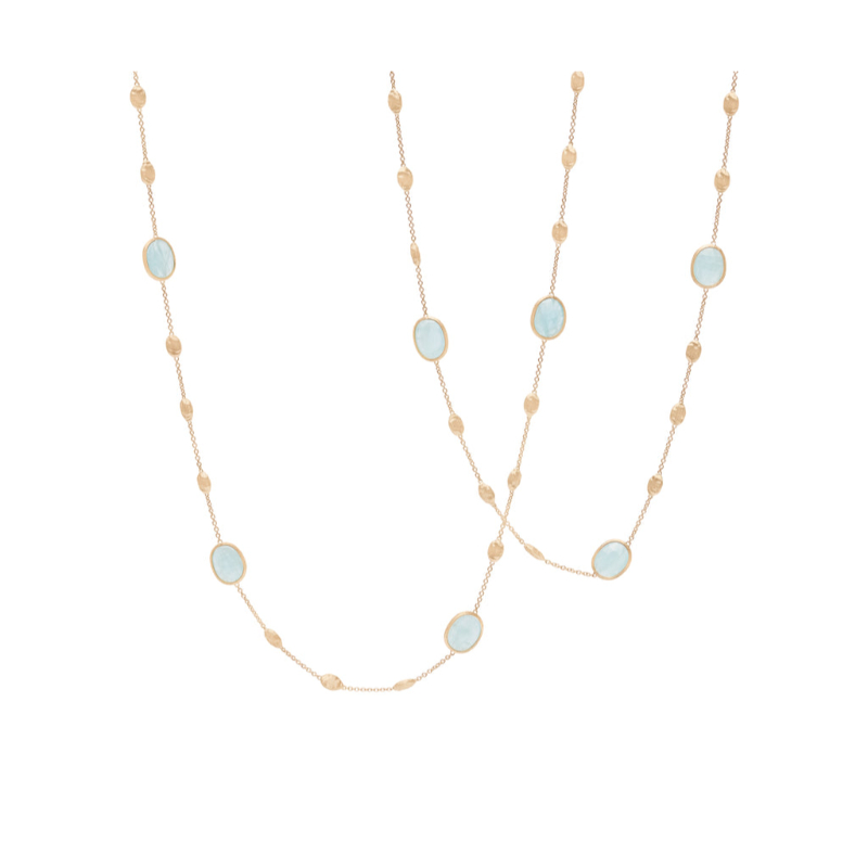 Marco Bicego 18k yellow gold Siviglia aquamarine station long necklace with hand engraved bead stations, 36"