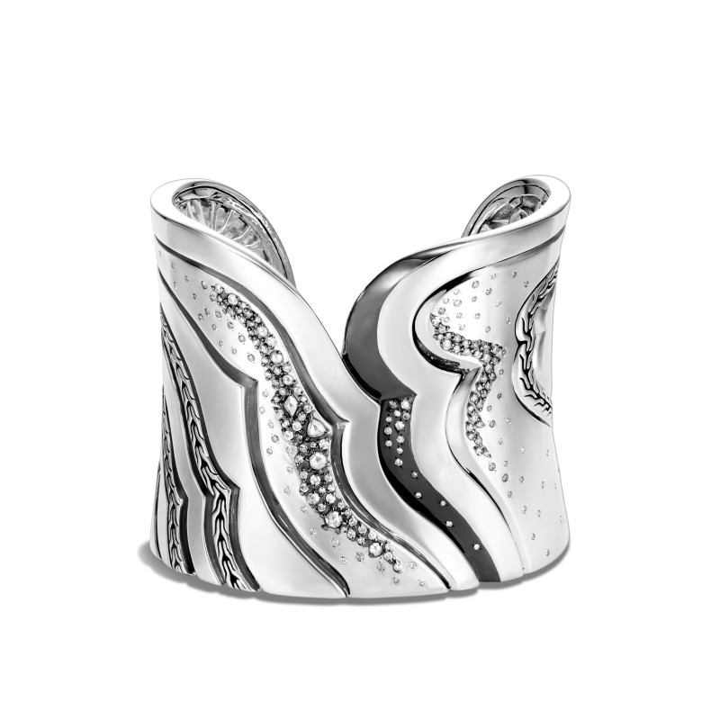 John Hardy sterling silver Lahar extra large cuff bracelet with white and grey diamonds, 60mm bracelet with diamonds weighing 2.28 carat total weight, size M