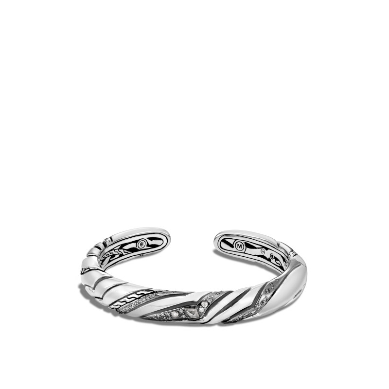 John Hardy sterling silver Lahar small kick cuff bracelet with white and grey diamonds, 9mm bracelet with diamonds weighing 0.58 carat total weight, size M