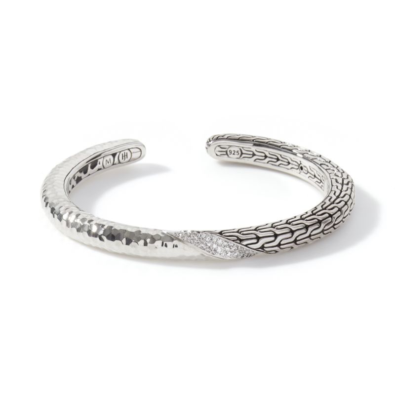 John Hardy sterling silver and 18k bonded yellow gold Classic Chain 6mm twisted hammered slim kick cuff with round diamonds weighing 0.38 carat total weight, size M