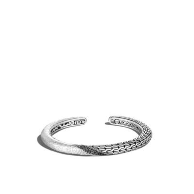 John Hardy sterling silver Classic Chain 6mm twisted hammered kick cuff bracelet with treated black sapphires and black spinesl, size M
