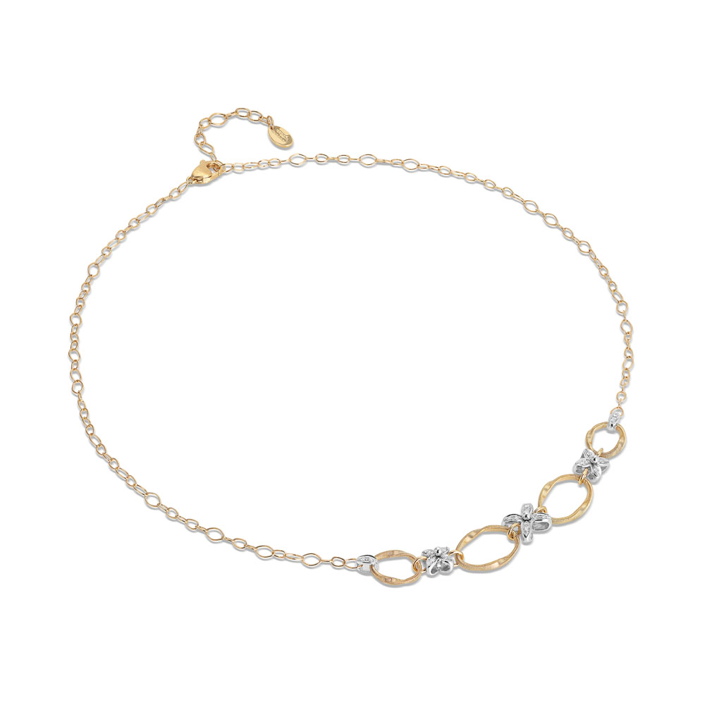 Marco Bicego 18k yellow gold and 18k white gold rhodium plated Marrakech Onde alternating 3 flower station necklace with 4 hand twist circles, round diamonds weighing 0.15 carat total weight, 16.5"