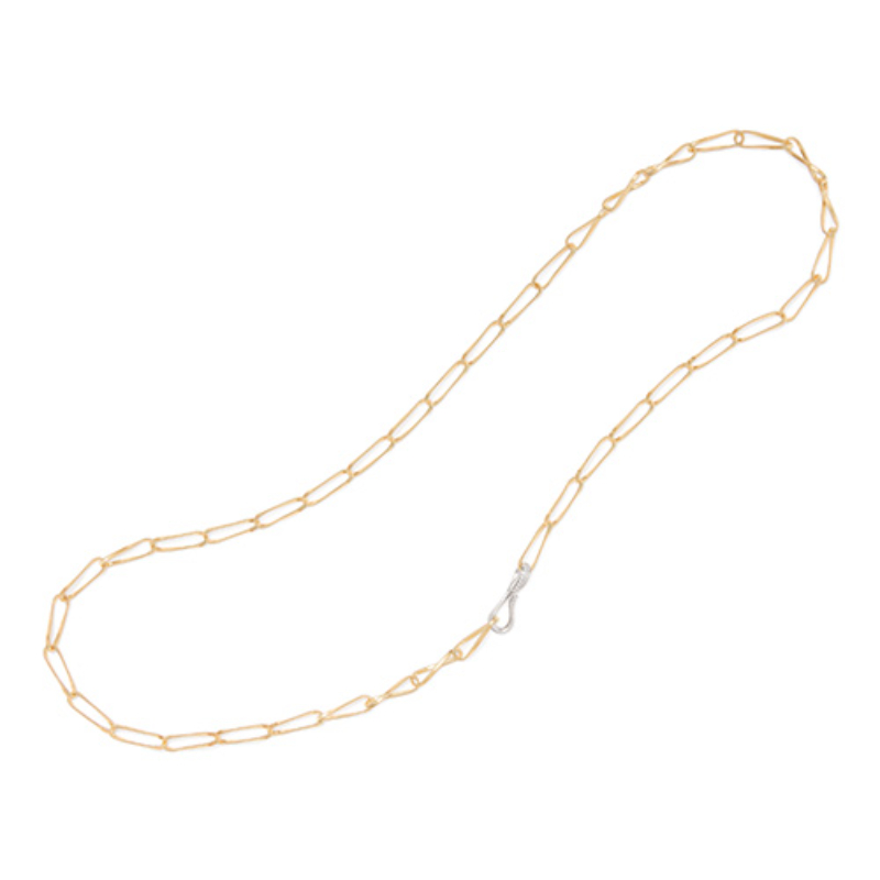 Marco Bicego 18k yellow gold and 18k white gold rhodium plated Marrakech Onde hand twisted link necklace with round diamonds weighing 0.50 carat total weight, 29.5"