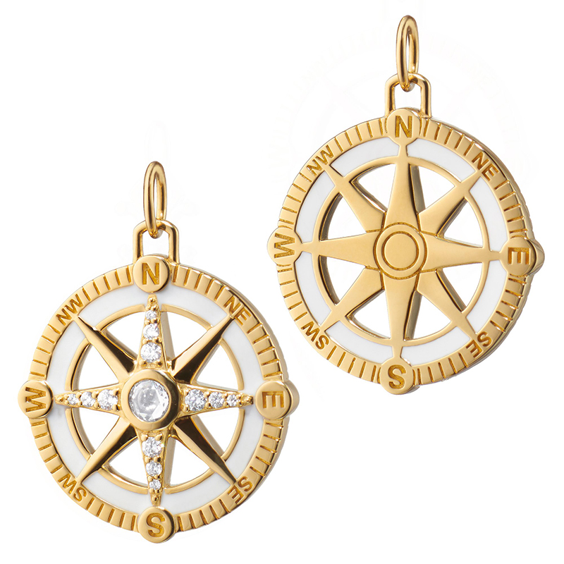 Monica Rich Kosann 18K Yellow Gold Adventure Compass Diamond And White Enamel Charm