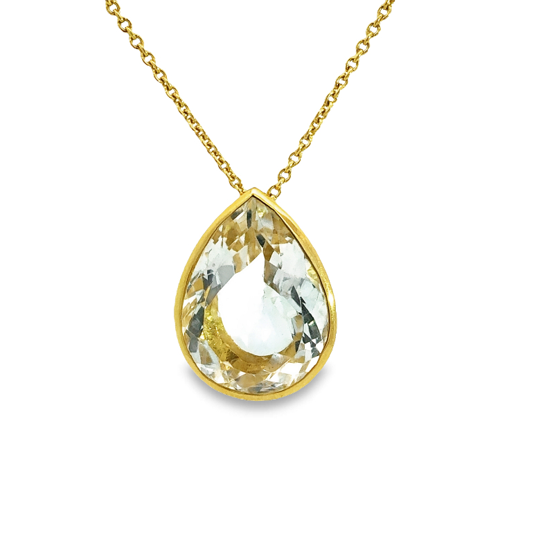 Lisa Nik 18k yellow gold pear shaped 20x15mm clear quartz pendant necklace with 18