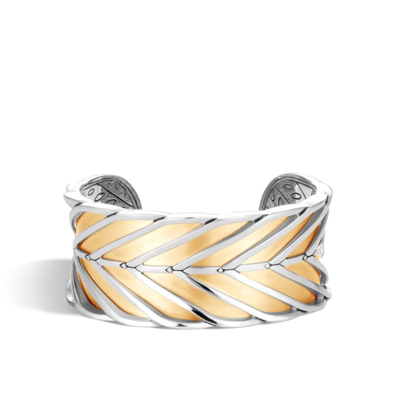 John Hardy sterling silver and 18k bonded yellow gold Modern Chain large cuff bracelet, 30mm bracelet, size M