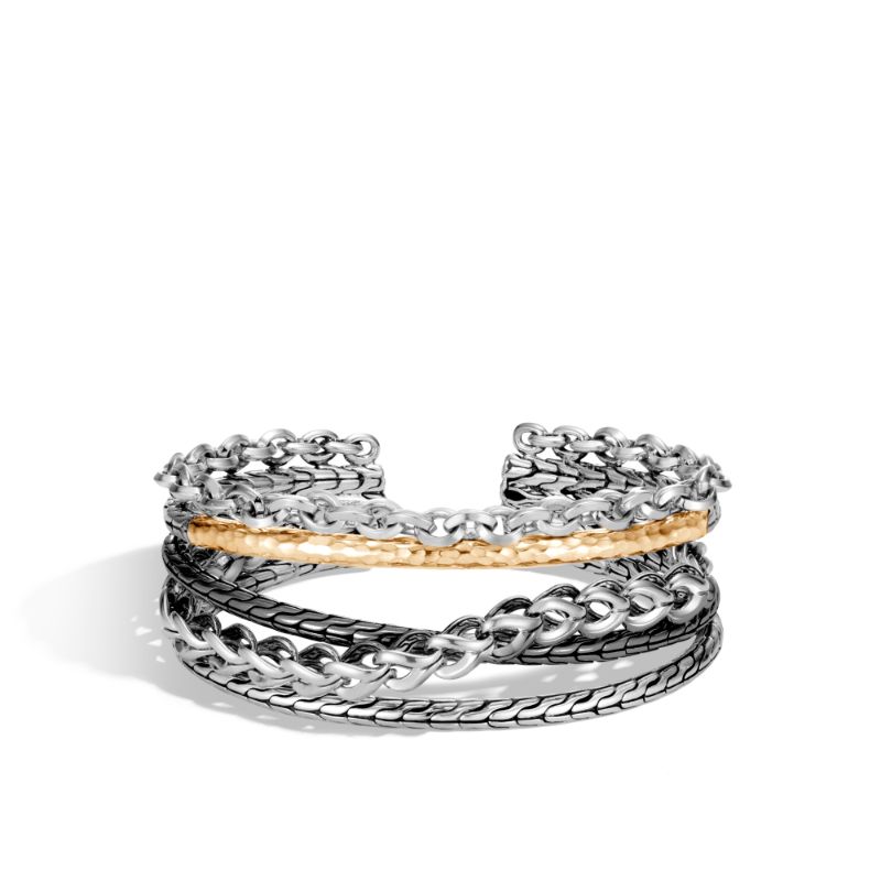 John Hardy sterling silver and 18k bonded yellow gold Asli Classic Chain link hammered flex cuff bracelet, 28.5mm bracelet, size S-M