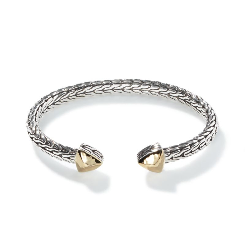 Sterling Silver And 18K Bonded Yellow Gold Classic Chain Hammered Slim Flex Cuff Bracelet