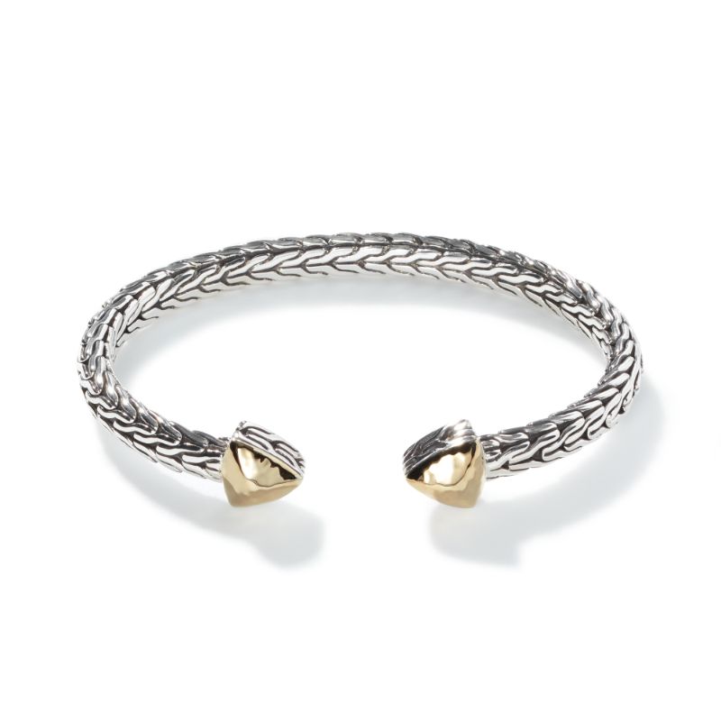 John Hardy sterling silver and 18k bonded yellow gold Classic Chain hammered slim flex cuff bracelet, 5.5mm bracelet, size M-L