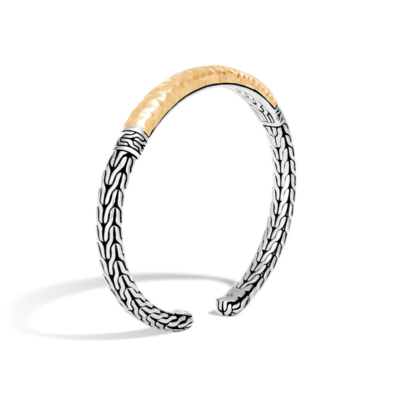 Classic Chain Hammered 18K Gold & Silver Slim Flex Cuff, Size M BG