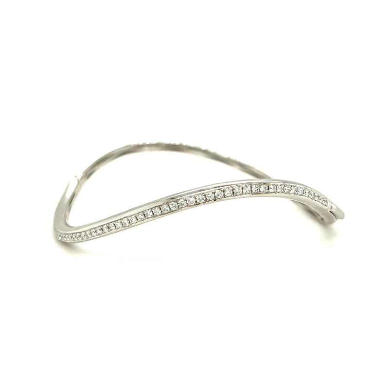 Lisa Nik 18k white gold rhodium plated Sparkle curved hinged bangle bracelet with round diamonds weighing 0.80 carat total weight
