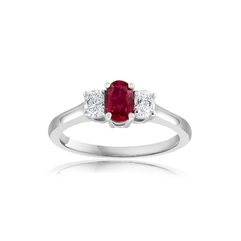 18K White Gold Rhodium Plated Ruby And Diamond 3 Stone Ring