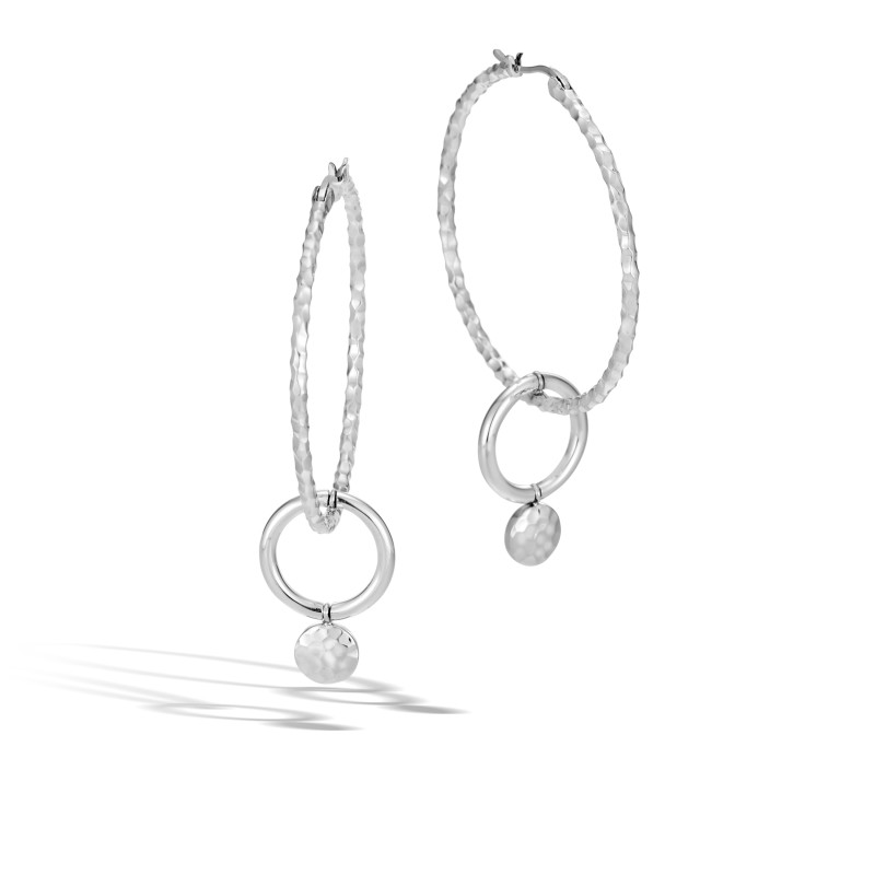 Dot Hammered Silver Interlink Medium Hoop Drop Earrings (Dia 35mm)