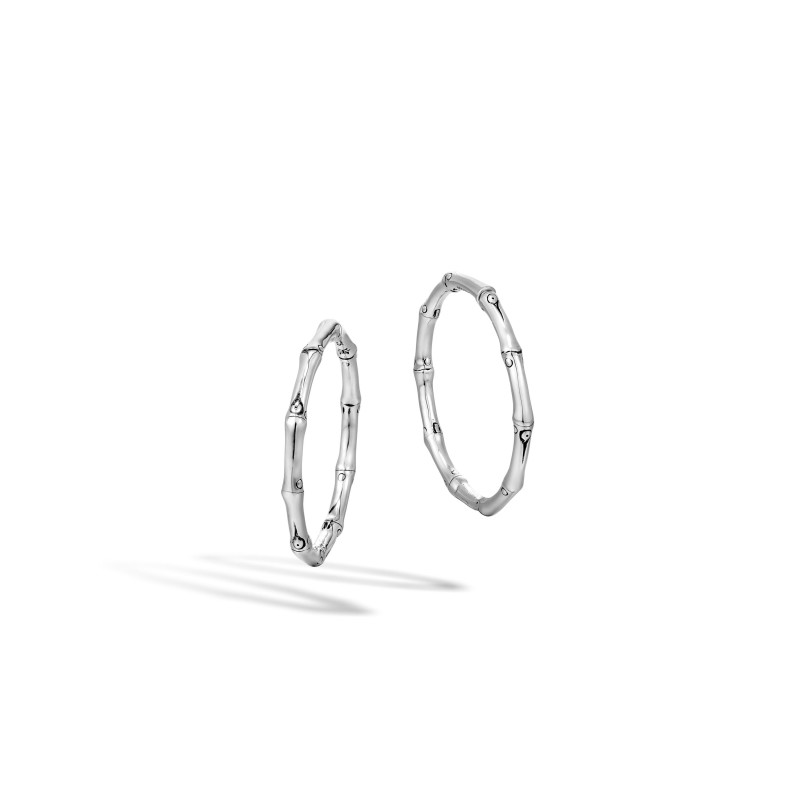 Bamboo Silver Medium Hoop Earrings with Full Closure (Dia 30.5mm)