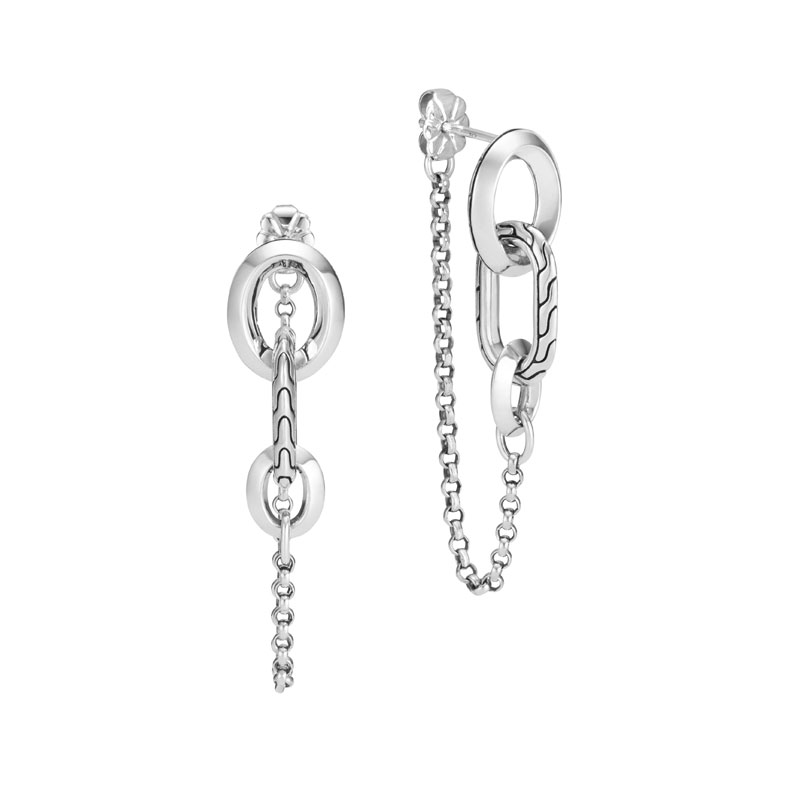 John Hardy sterling silver Classic Chain remix drop link earrings, 42x11mm earring with post back