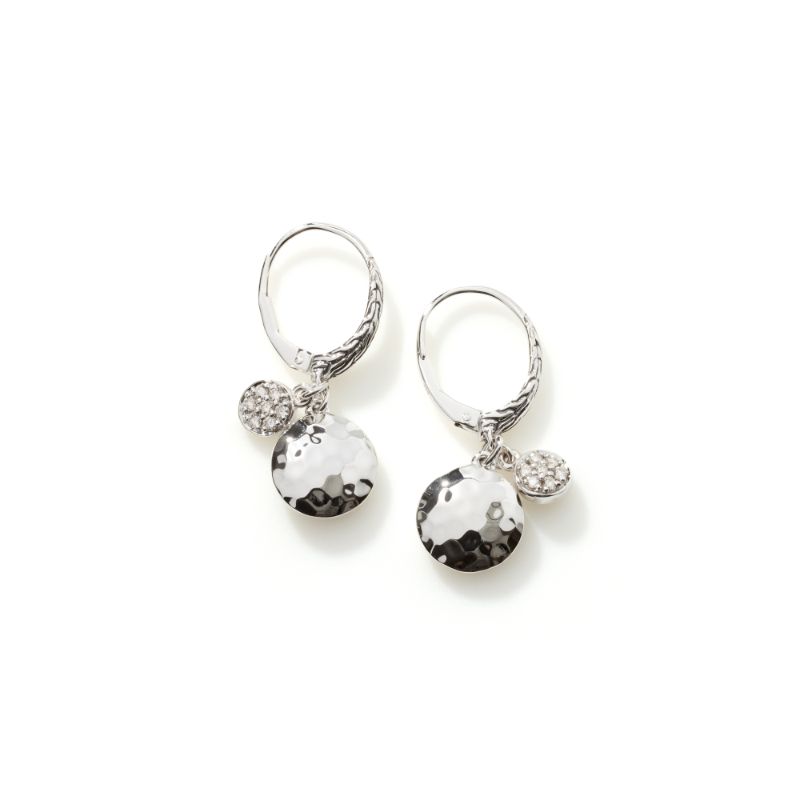 John Hardy sterling silver Dot hammered drop earrings with diamonds weighing 0.21 carat total weight, 29.5mm earring with leverback