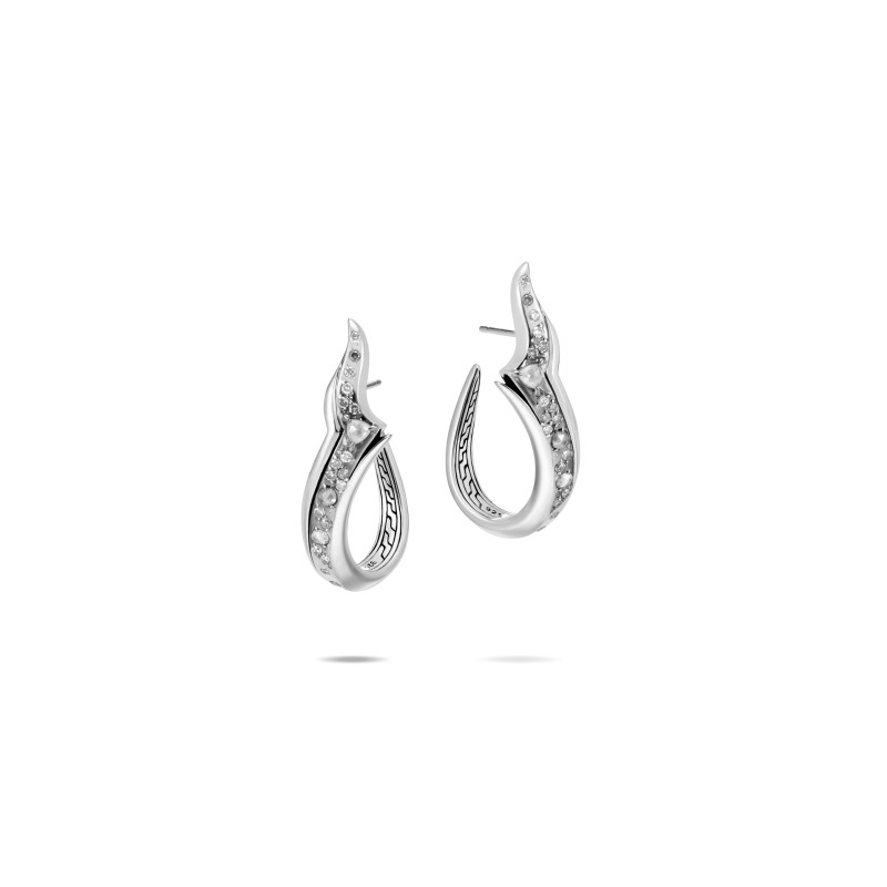 John Hardy sterling silver Lahar J hoop earrings with white and grey diamonds, 37mm earrings with diamonds weighing 1.02 carat total weight