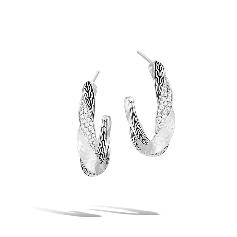 Classic Chain Twisted Hammered Diamond Pave 0.37ct tw Hoop Earrings