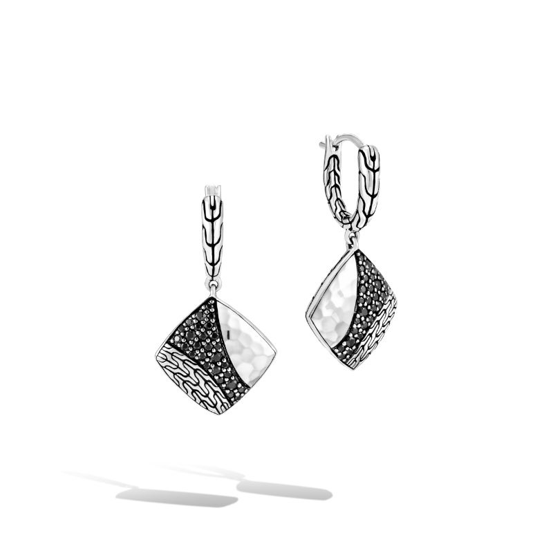 Classic Chain Hammered Silver Square Drop Earrings with Black Sapphire & Black Spinel