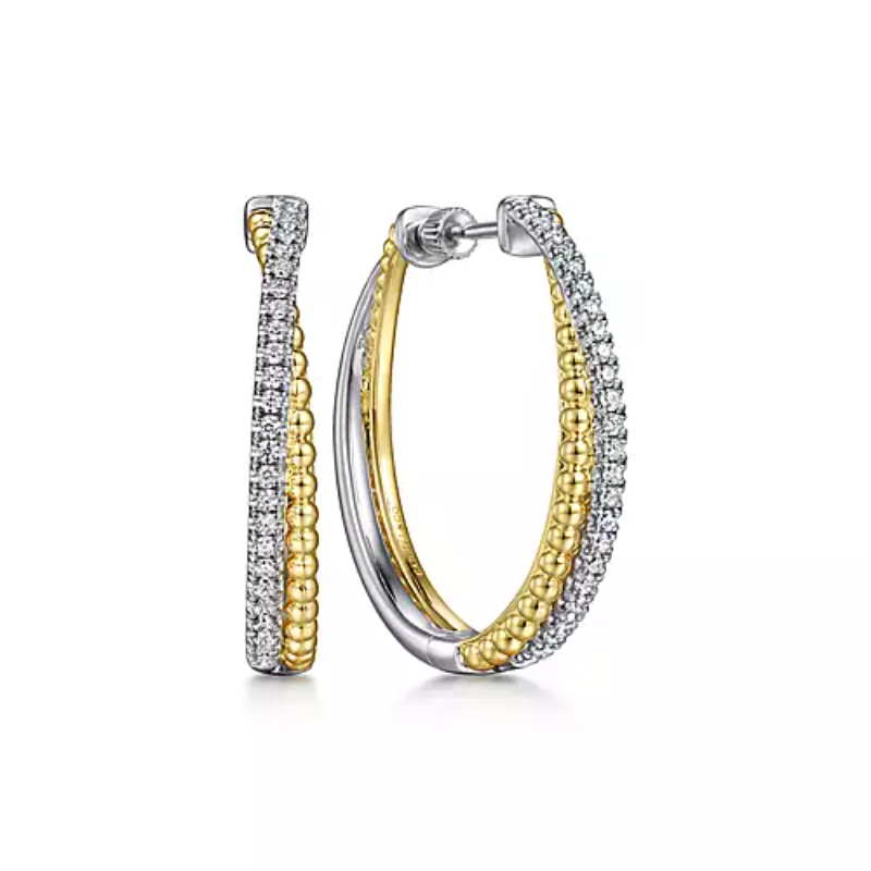 Gabriel & Co 18K Yellow Gold And 18K White Gold Rhodium Plated Bujukan 33.5mm Cris Cross Classic Hoop Earrings