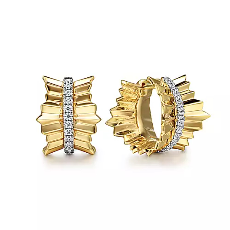 Gabriel & Co 18K Yellow Gold Contemporary 15mm Wave Accordion Fan Huggie Earrings