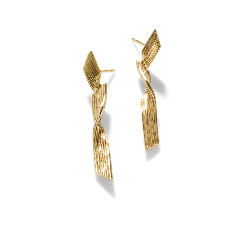 18K Yellow Gold Bamboo Twist Drop Earrings