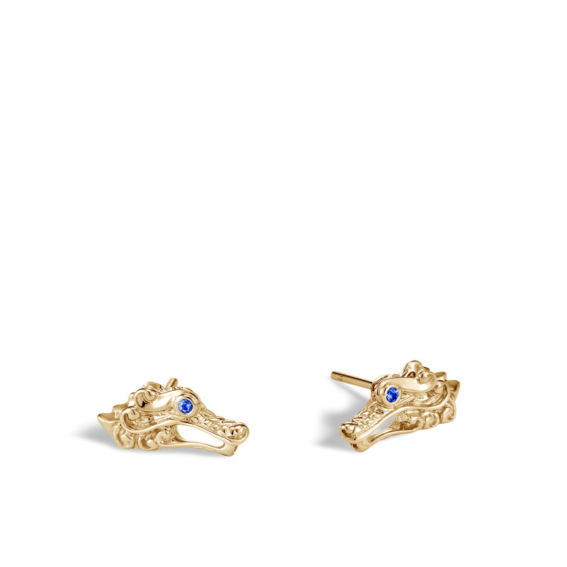 John Hardy 18k yellow gold Legends Naga dragon head stud earrings with blue sapphire, 15x7.5mm earrings