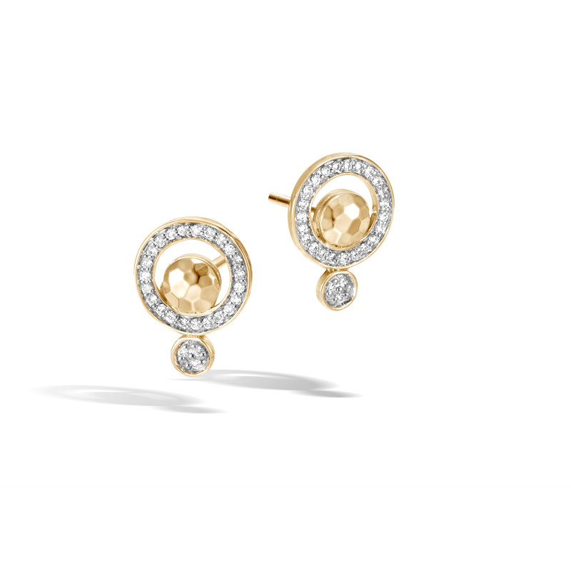 John Hardy 18k yellow gold Dot hammered stud earrings with diamonds, 14x10.5mm earrings with diamonds weighing 0.20 carat total weight