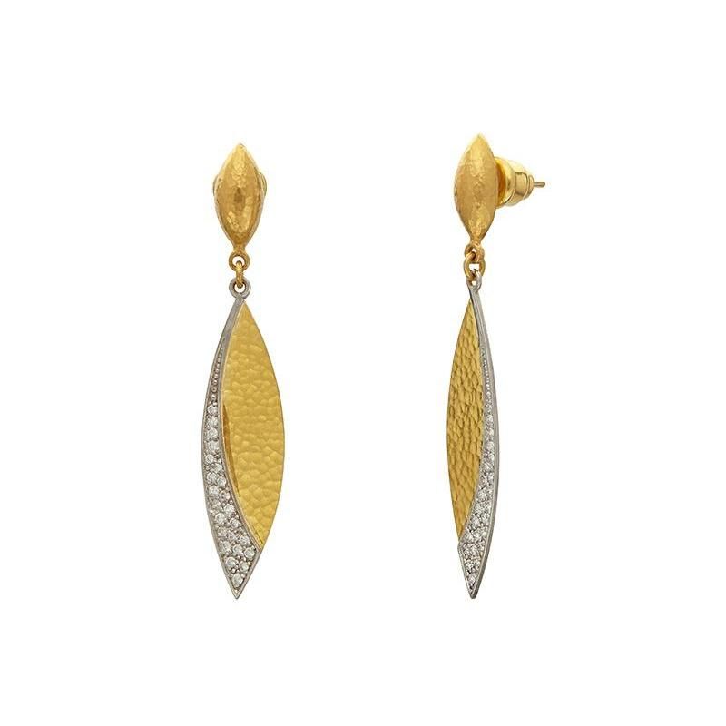 Gurhan 24K yellow and 18K white gold Mango Pave diamond marquise shape drop earrings with round diamonds weighing 0.36 carat total weight