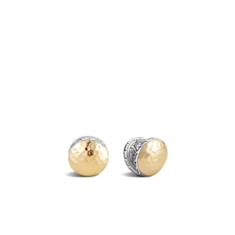 John Hardy sterling silver and 18k bonded yellow gold Classic Chain hammered reversible stud earrings, 15mm earrings with post back