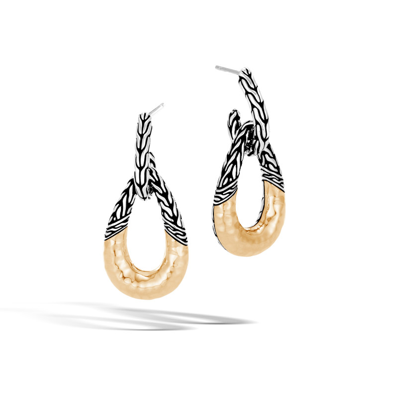 John Hardy sterling silver and 18k bonded yellow gold Classic Chain hammered door knocker drop earrings, 30x14mm earrings with post back