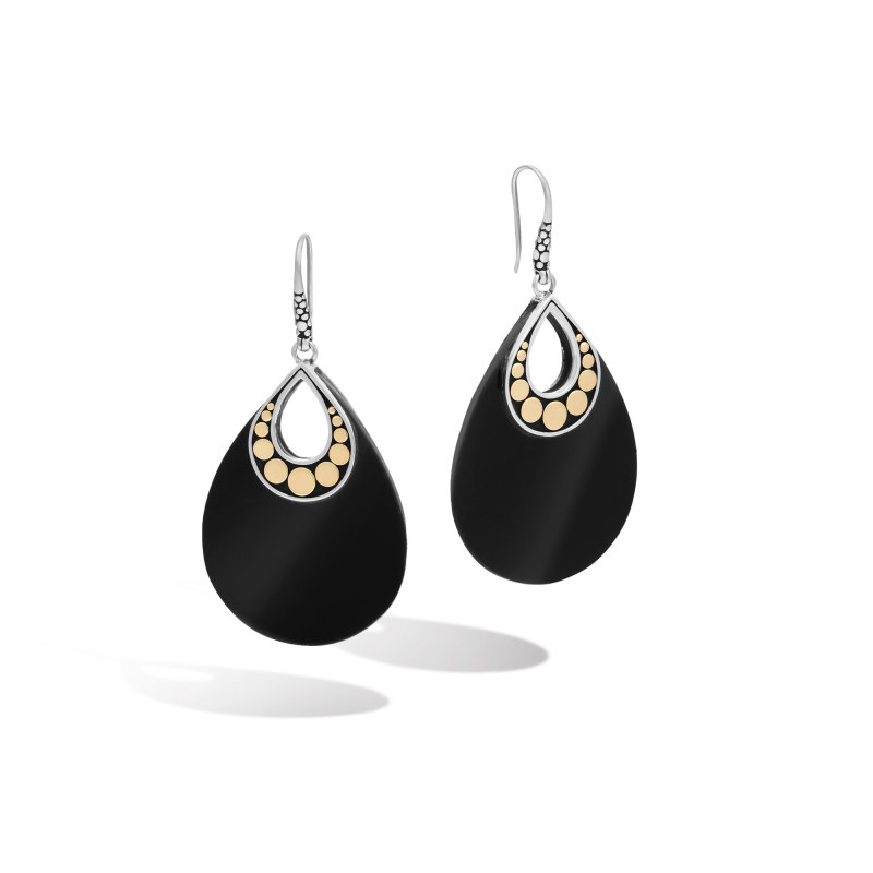 John Hardy sterling silver and 18k bonded gold Dot carved chain french wire earrings with black onyx, 59.5mm earrings