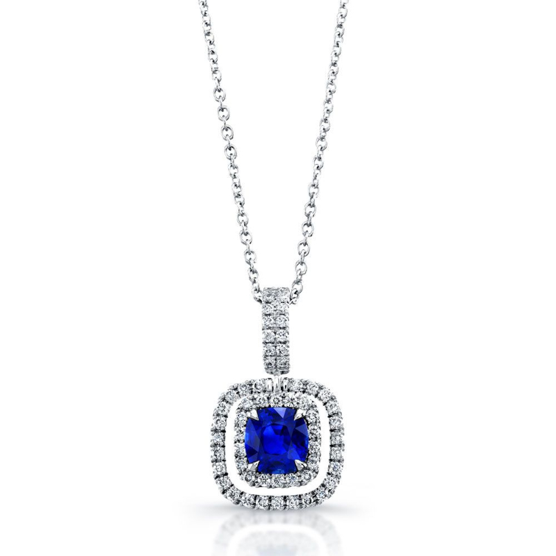 Norman Silverman 18K White Gold Sapphire And Diamond Double Halo Pendant Necklace