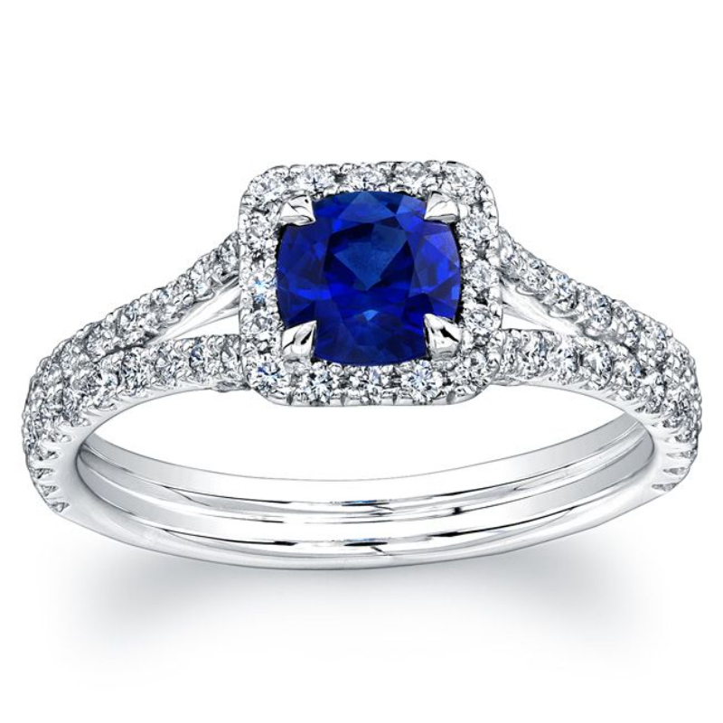 Norman Silverman 18K White Gold Rhodium Plated Sapphire And Diamond Halo Ring