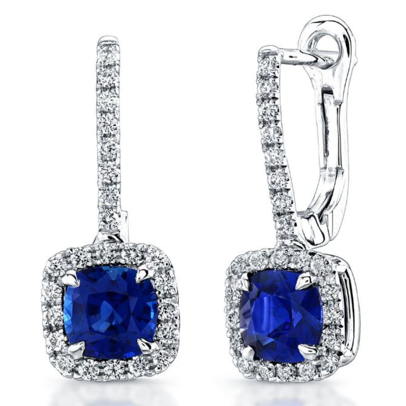 Norman Silverman 18K White Gold Sapphire And Diamond Halo Drop Earrings