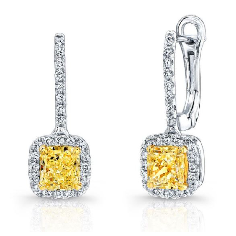 Norman Silverman 18K Yellow And White Rhodium Plated Gold Yellow Diamond Halo Drop Earrings