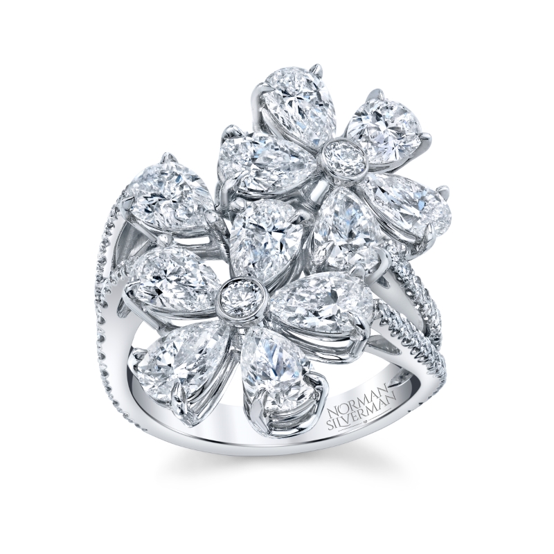 Norman Silverman 18K White Gold Rhodium Plated Double Flower Diamond Ring