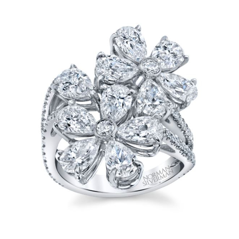 Norman Silverman 18K White Gold Rhodium Plated Double Flower Diamond Ring